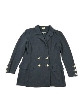 St John Basics Black Santana Knit Double Breast Blazer Gold Crest Buttons Size 8